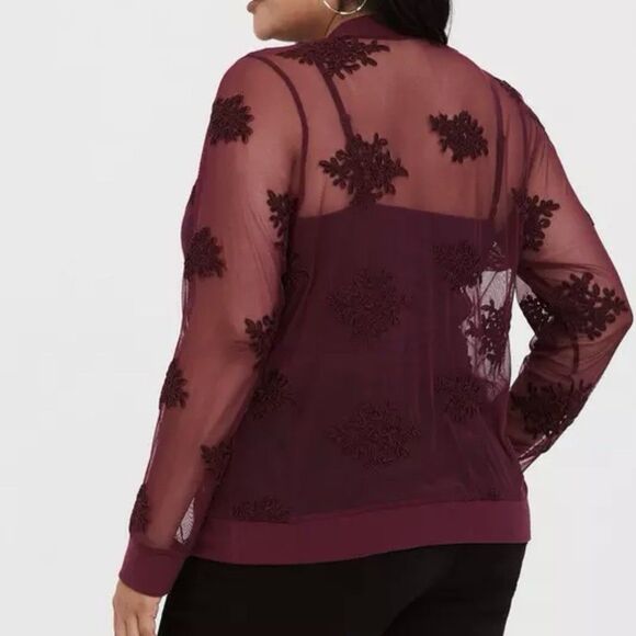 Torrid Mesh Bomber Jacket Red Burgundy Zip-Up Sheer Womens 1X Embroidered Floral - Picture 2 of 10